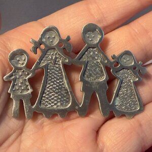 Family Brooch Attributed Cynthia Webb Pewter Folk Art Pin – 3” Wide